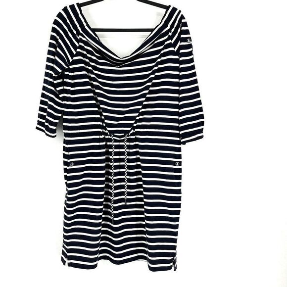Barbour Dress Size 8 Womens Navy Blue White Striped Off Shoulder Waveson Coastal - Picture 1 of 11